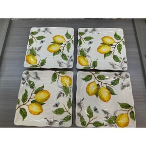 FOUR MAXCERA YELLOW‎ LEMON SALAD SQUARE PLATE W BEE CERAMIC POTTERY